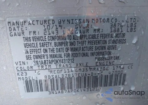 2019 Nissan Sentra Sv z USA, uszkodzony, nr VIN 3N1AB7AP0KY431212